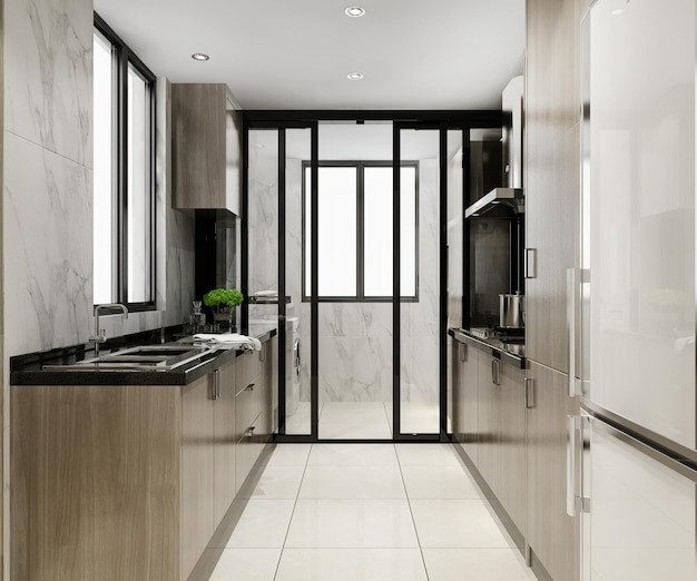 Pintu geser dapur dengan bingkai hitam.