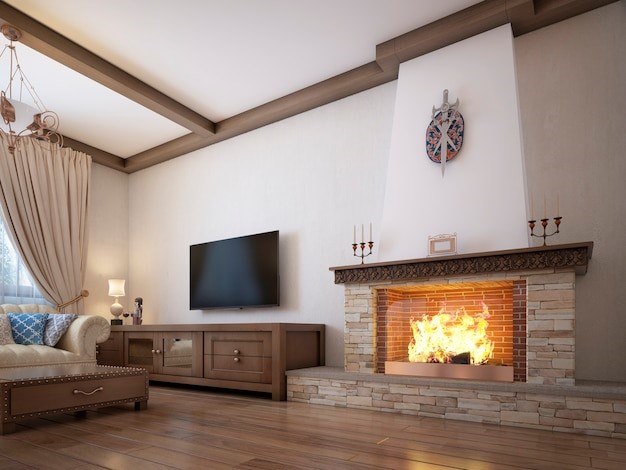 Desain perapian dalam rumah kombinasi rustic.