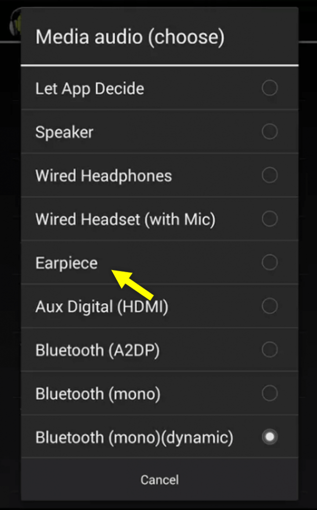 Setting opsinya menjadi Earpiece