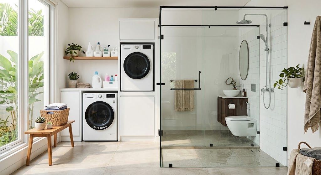 Konsep hidden laundry tersembunyi di balik kabinet geser untuk kamar mandi tamu yang rapi
