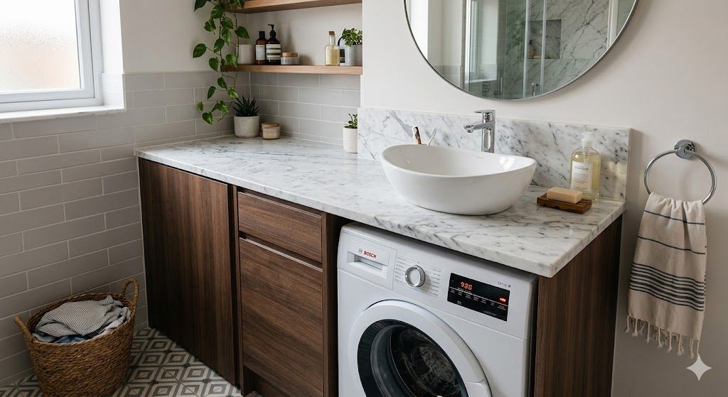 Integrasi mesin cuci front-loading di bawah wastafel untuk laundry room apartemen yang hemat ruang