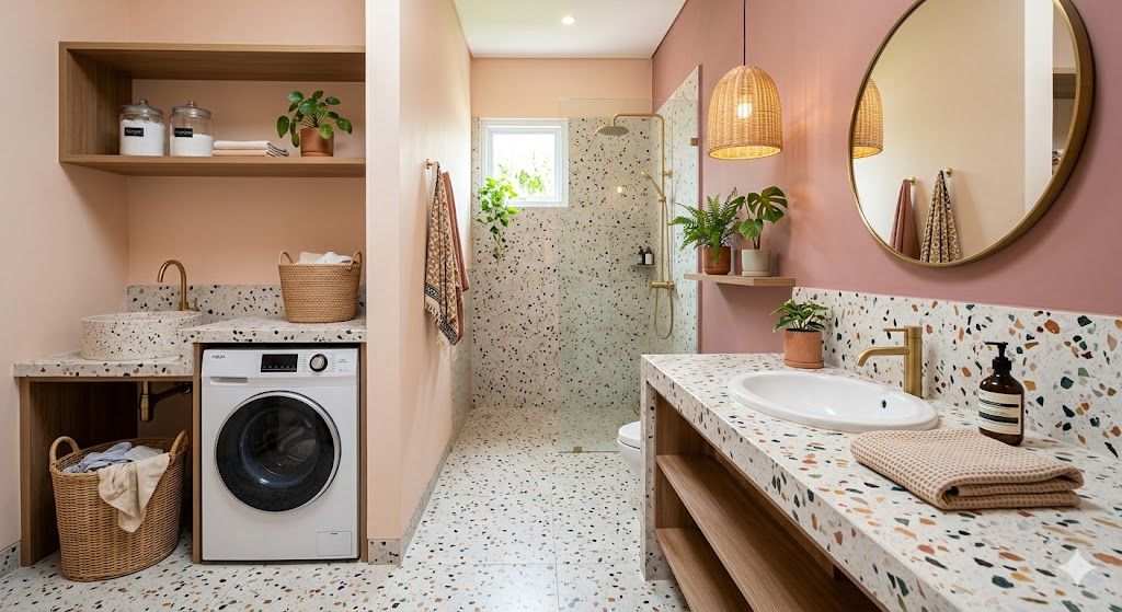 Desain kamar mandi estetik dengan lantai terrazzo dan kombinasi warna pastel untuk laundry area