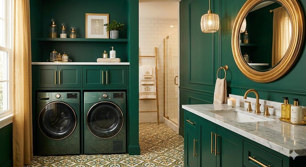 Desain gold glamor area cuci jemur dengan aksen kran emas dan dinding emerald untuk kesan mewah
