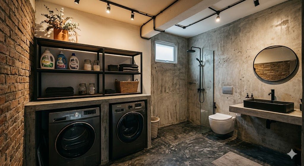 Desain kamar mandi dan tempat cuci baju gaya Japandi dengan rak kayu dan mesin cuci front-loading