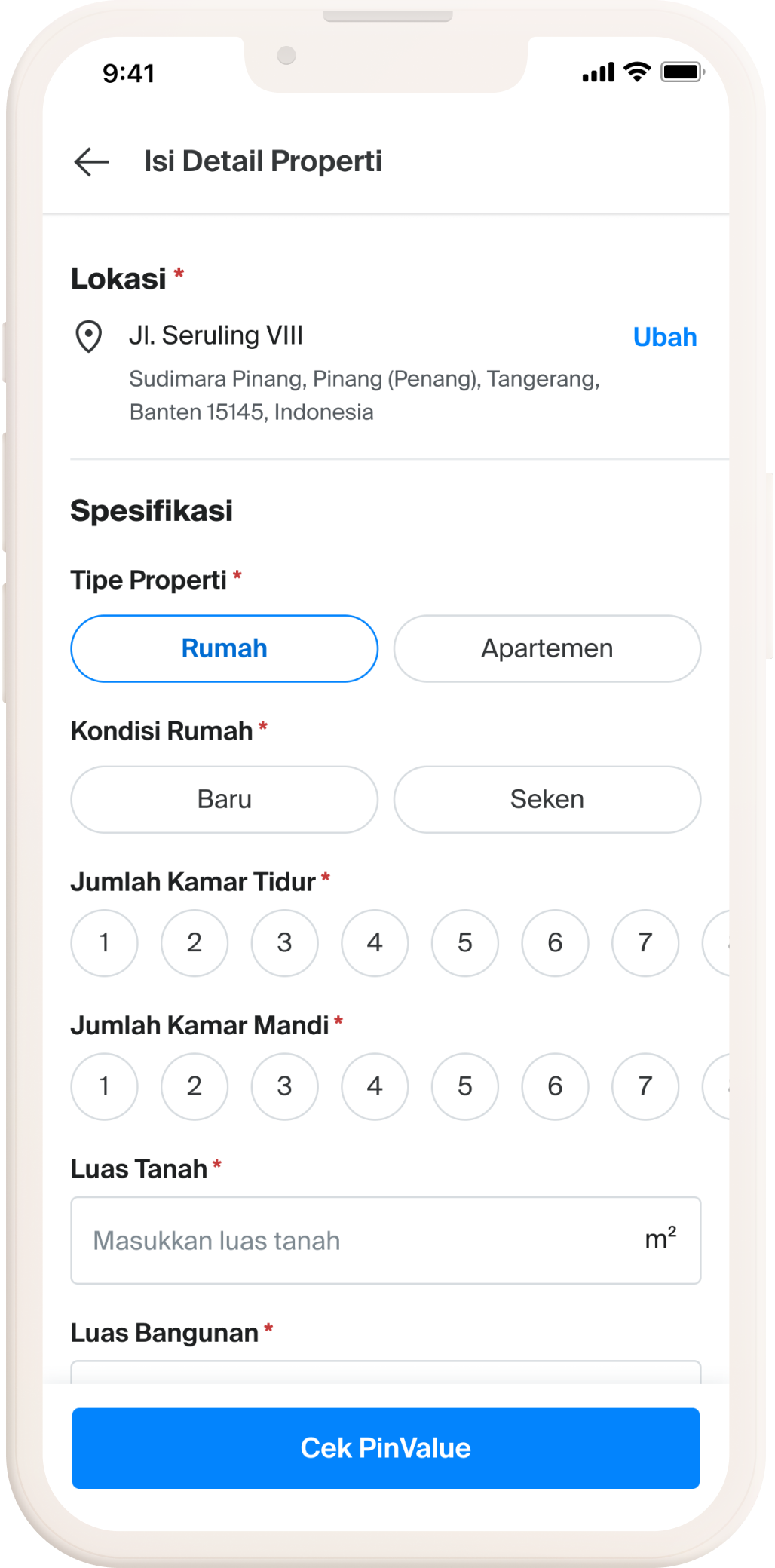 Masukkan Spesifikasi Properti